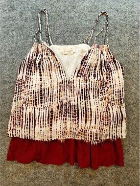 Anthropologie Top XS Boho Striped Brown Cream Red Ruffle Hem Sleeveless Camisole